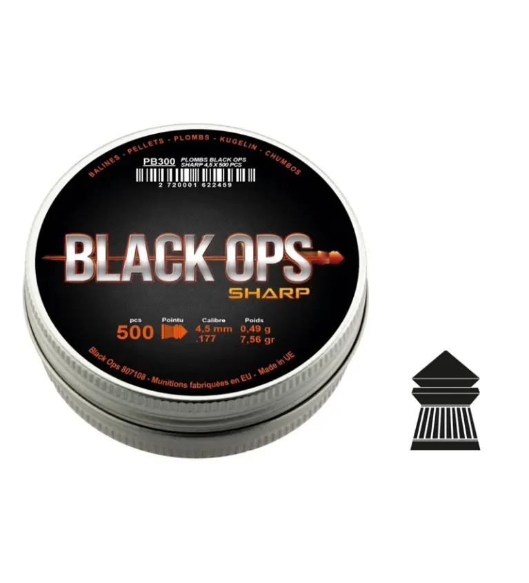 Boîte de 500 plombs Black Ops Sharp à tête pointue cal. 4.5 mm 