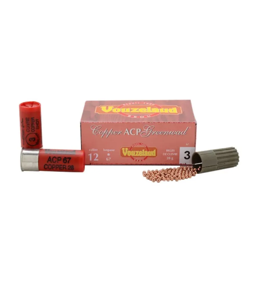Cartouches Vouzelaud - Copper ACP Greenwad Tube plastique - Cal. 12/67 Cartouches Vouzelaud - Copper ACP Greenwad Tube plastique - Cal. 12/67