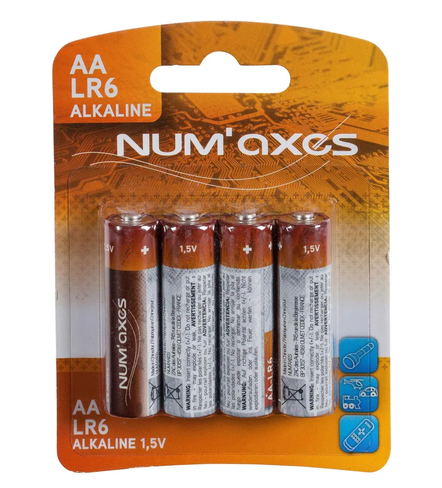 Blister 4 piles AA LR06 alcalines 1,5 V Num'Axes Blister 4 piles AA LR06 alcalines 1,5 V Num'Axes
