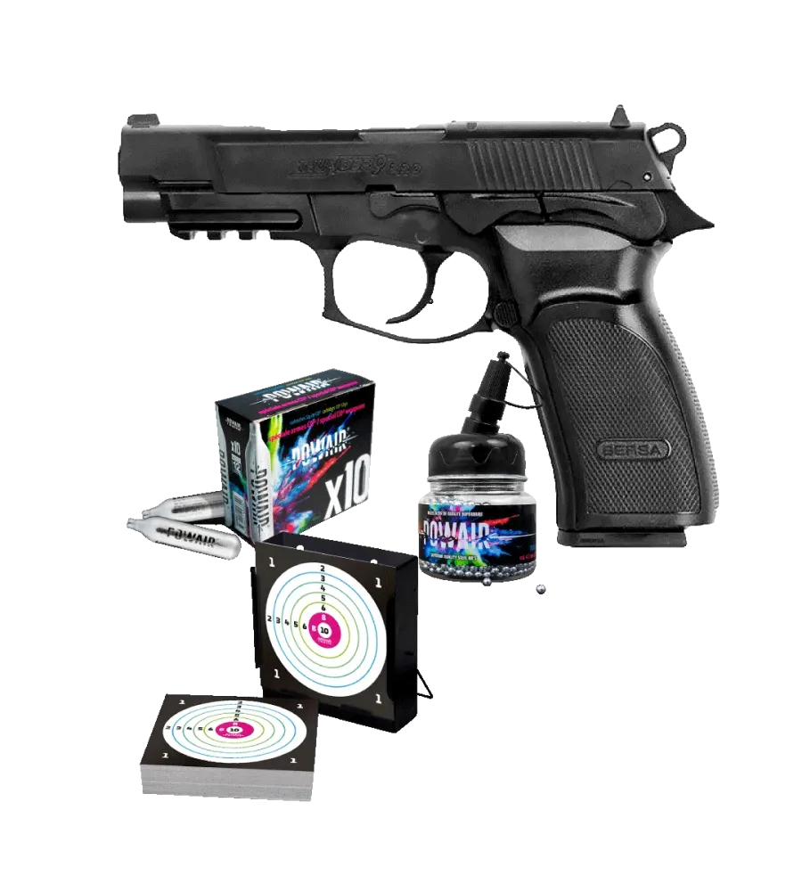 Pack pistolet CO2 ASG Bersa Thunder 9 Pro + Billes + Cibles Pack pistolet CO2 ASG Bersa Thunder 9 Pro + Billes + Cibles