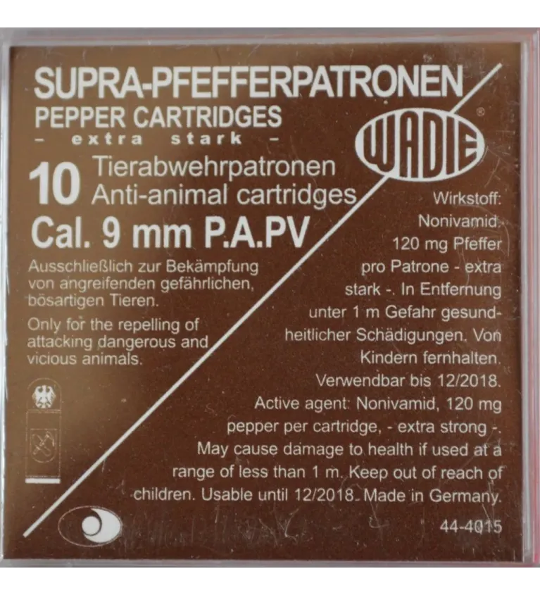 Cartouches Supra Pepper Gaz PA PV - Cal. 9 mm x10 