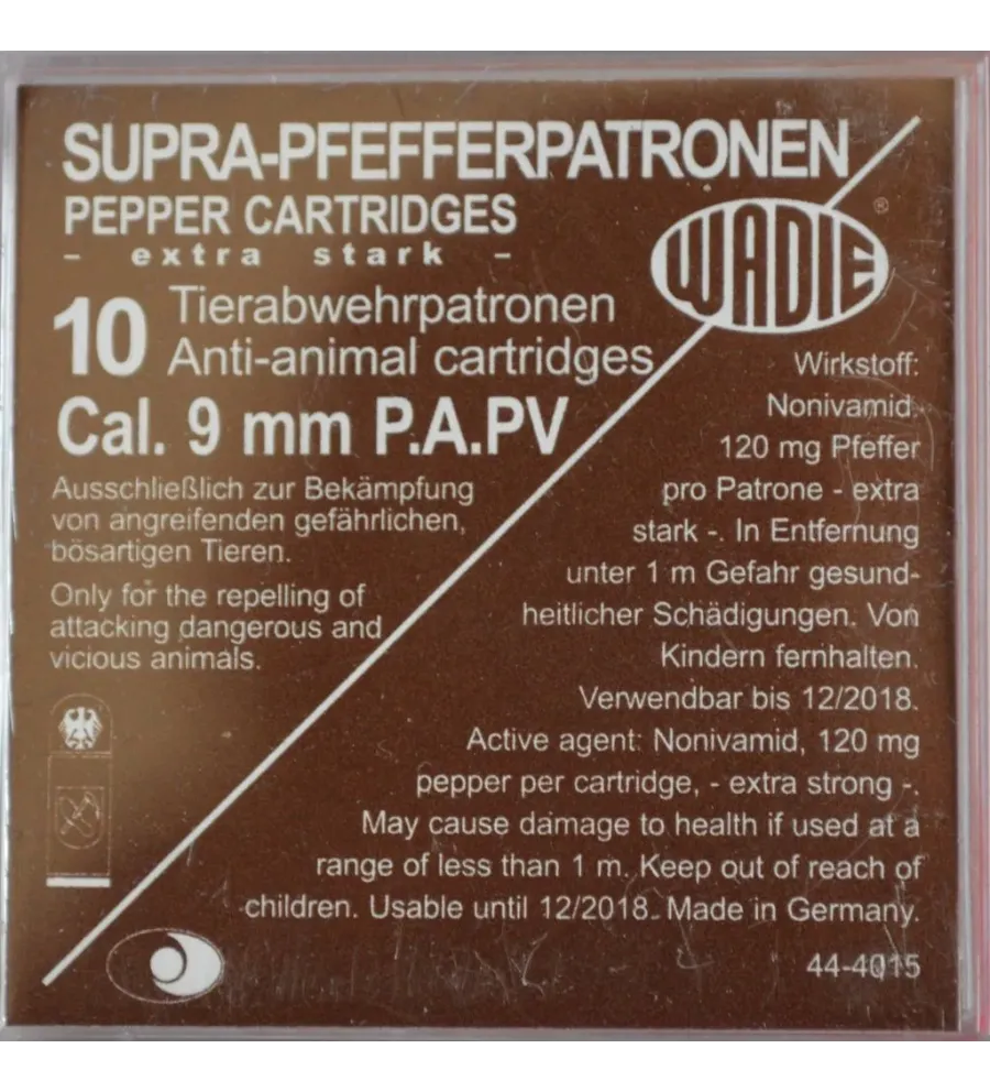 Cartouches Supra Pepper Gaz PA PV - Cal. 9 mm x10 Cartouches Supra Pepper Gaz PA PV - Cal. 9 mm x10