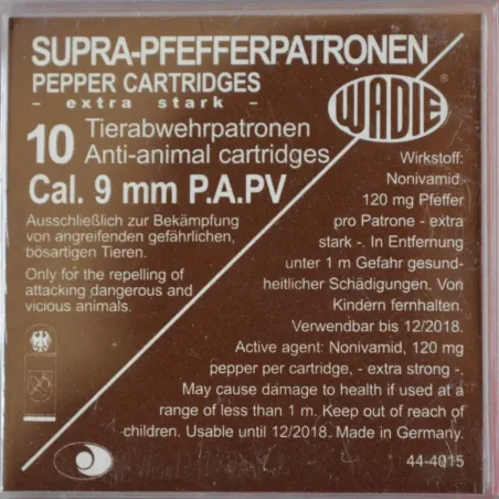 Cartouches Supra Pepper Gaz PA PV - Cal. 9 mm x10 