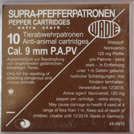 Cartouches Supra Pepper Gaz PA PV - Cal. 9 mm x10 