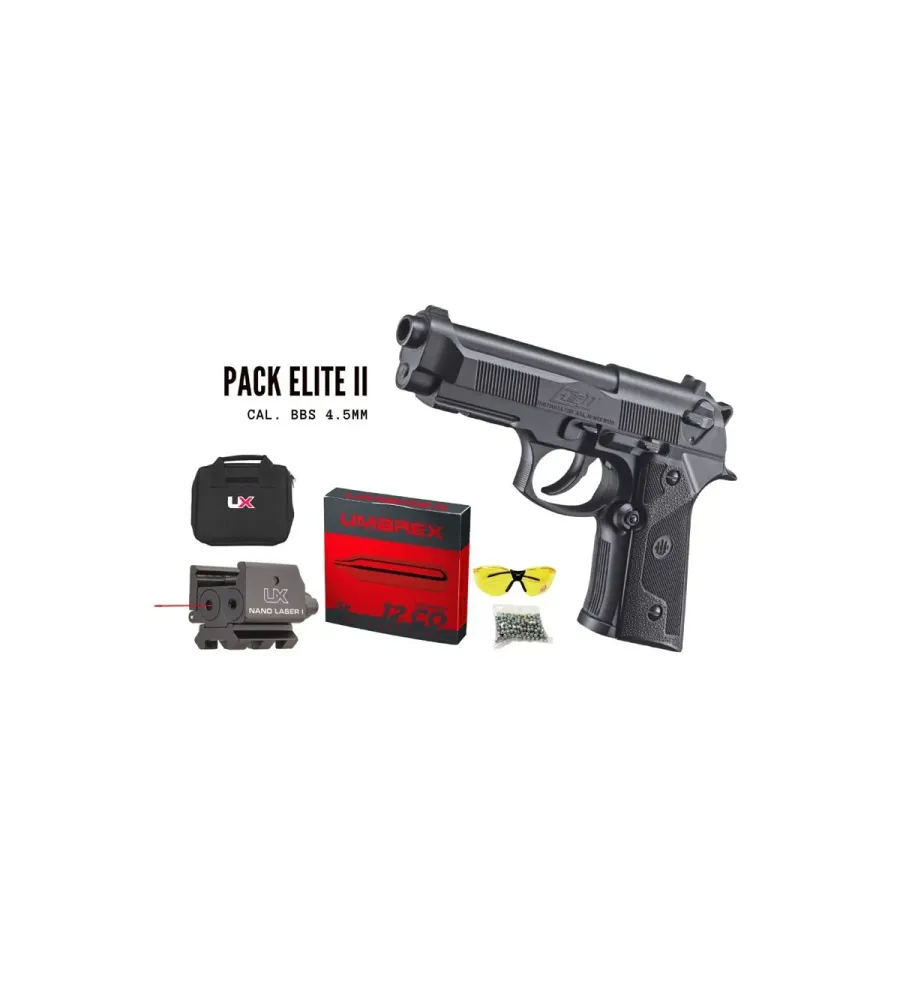 Pack pistolet BB Beretta Elite II Cal. 4,5 mm + 10 capsules CO2 + 250 BBs + Laser + Fourreau Pack pistolet BB Beretta Elite II Cal. 4,5 mm + 10 capsules CO2 + 250 BBs + Laser + Fourreau