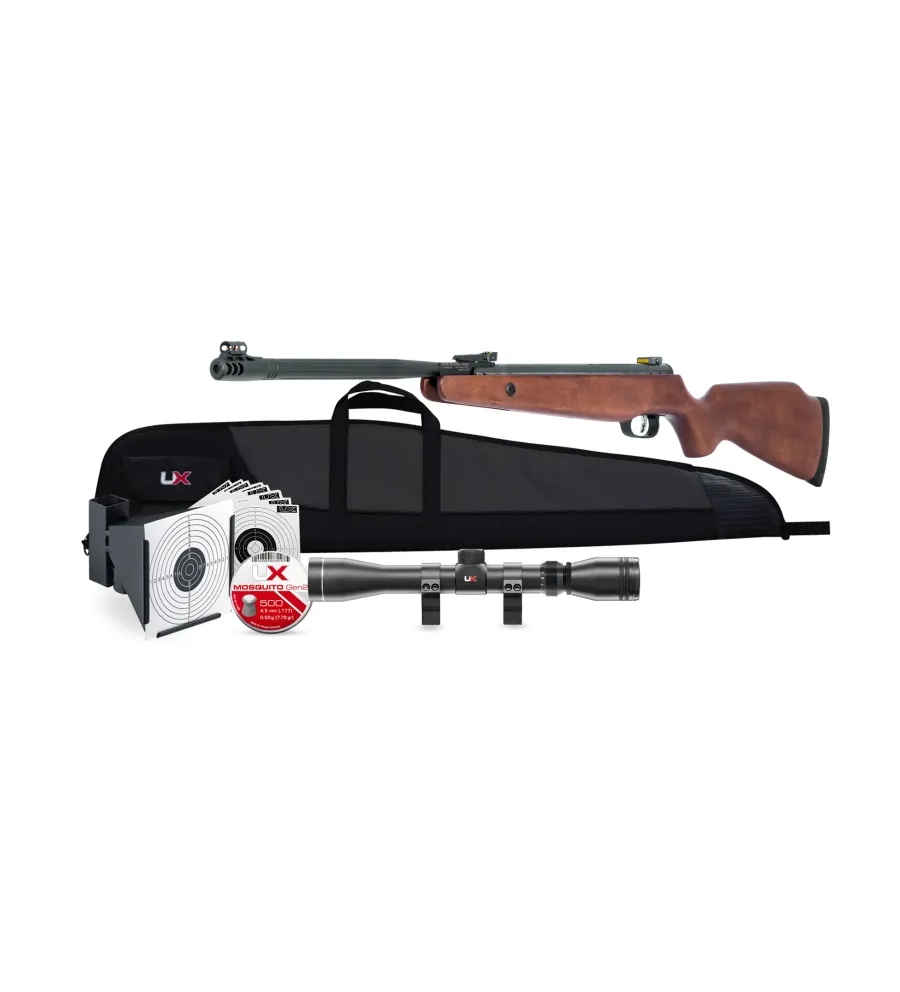 Pack carabine à plombs UX R-Force Wood 4,5 mm 19,9 J + Lunette 3-9x40 + Plombs - Cibles - Fourreau 