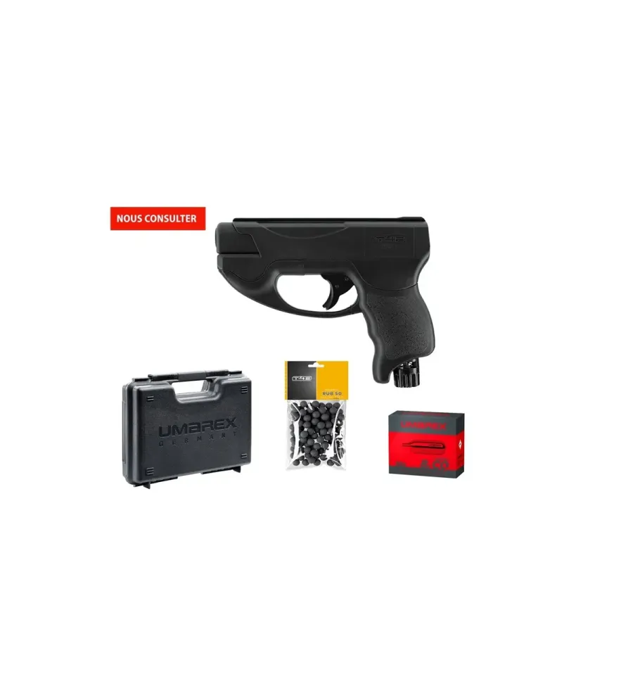 Pack pistolet de défense T4E TP50 Compact Gen2 - Cal. 50 - 7,5 J + Billes + 10 capsules CO2 + Mallette 