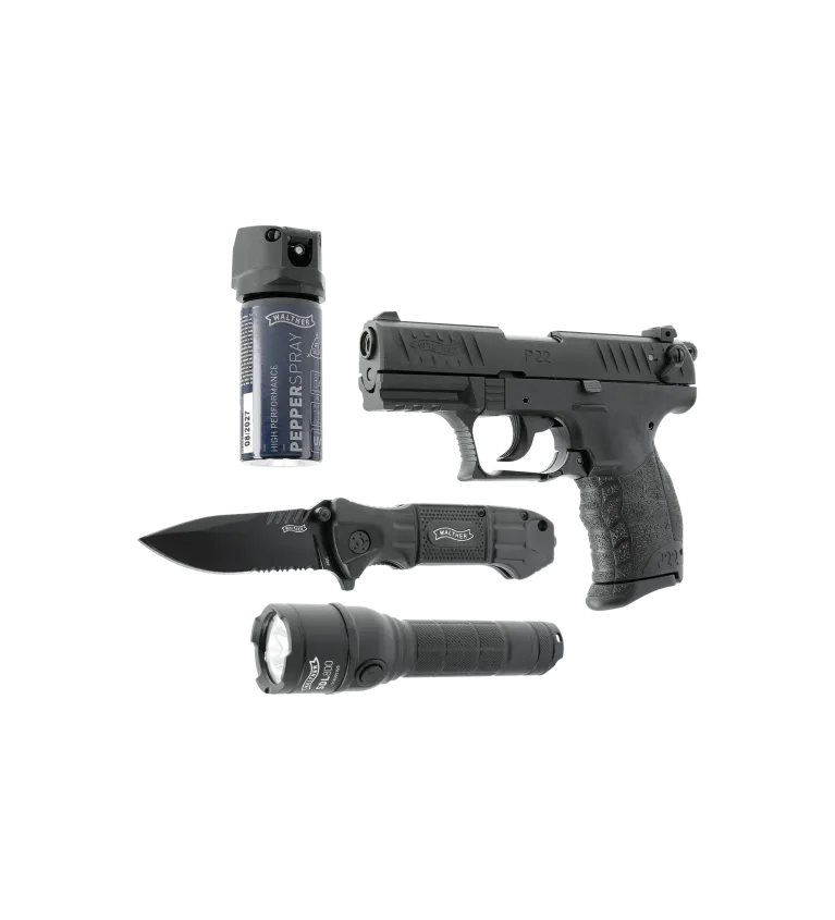 Pack défense Walther - Pistolet à blanc P22Q Cal. 9 mm PAK + Couteau + Bombe gaz + Lampe 