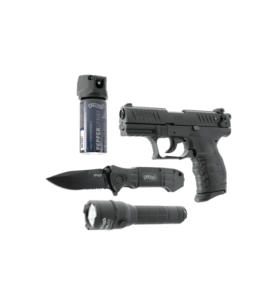 Pack défense Walther - Pistolet à blanc P22Q Cal. 9 mm PAK + Couteau + Bombe gaz + Lampe Pack défense Walther - Pistolet à blanc P22Q Cal. 9 mm PAK + Couteau + Bombe gaz + Lampe