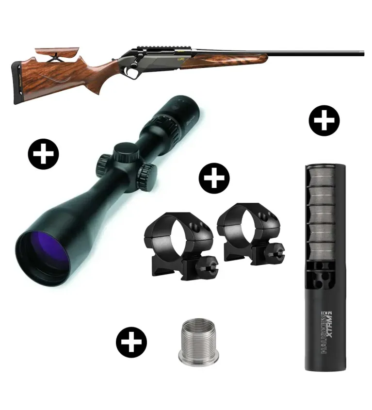 Pack affût Benelli Lupo Bois avec busc + Lunette Burris Four XE 3-12x56 + Modérateur Hausken JD224 Lite MK2