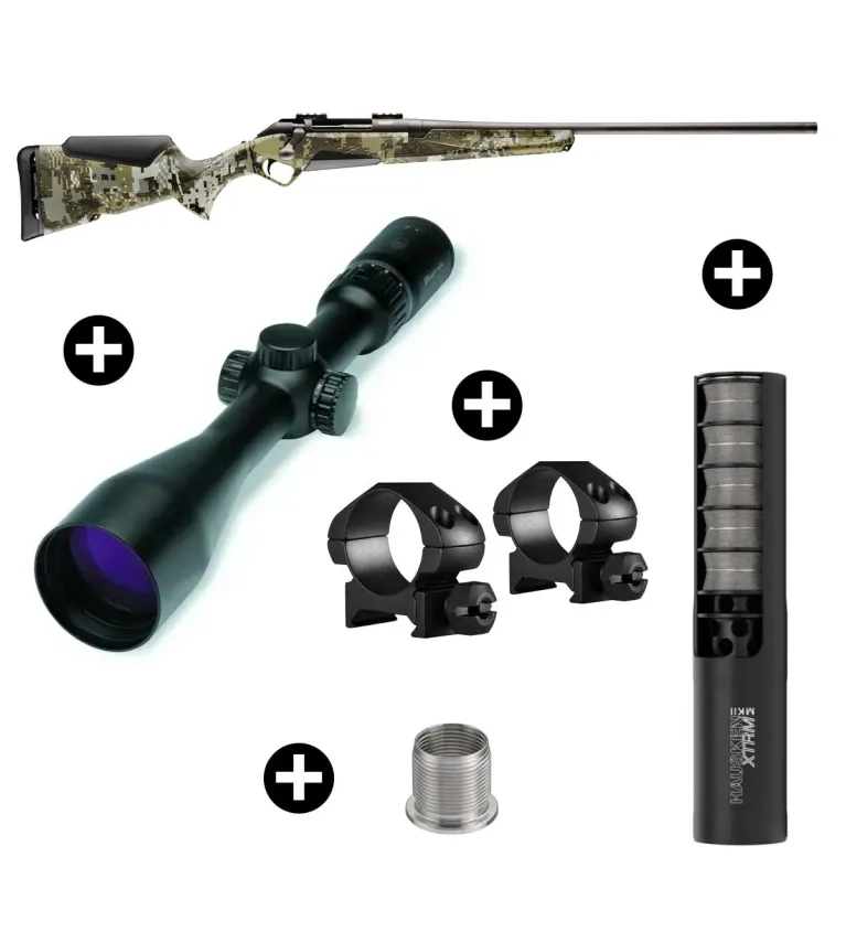 Pack affût Benelli Lupo Grey Elevated II + Lunette Burris Four XE 3-12x56 + Modérateur Hausken JD224 Lite MK2